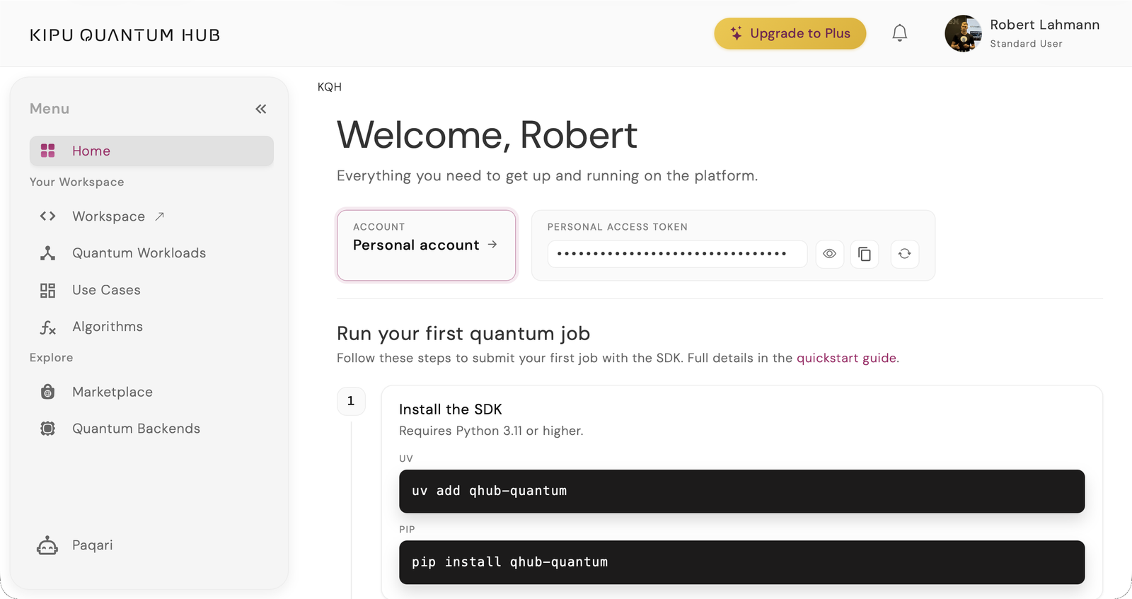 The Kipu Quantum Hub home page with the Personal Access Token panel, its value masked, next to reveal, copy and regenerate controls.