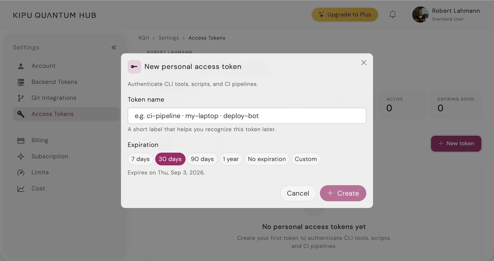 The Hub Settings page open on Access Tokens, with the New personal access token dialog showing name and expiration controls.