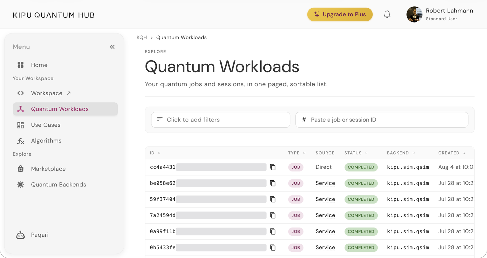 The Kipu Quantum Hub quantum workloads list, showing a completed simulator job with its id, status, backend and creation time.