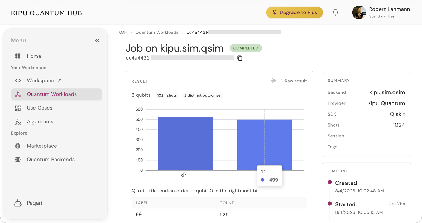 The job detail page for a completed kipu.sim.qsim run: a two-bar measurement histogram and a summary panel showing backend, SDK and 1024 shots.