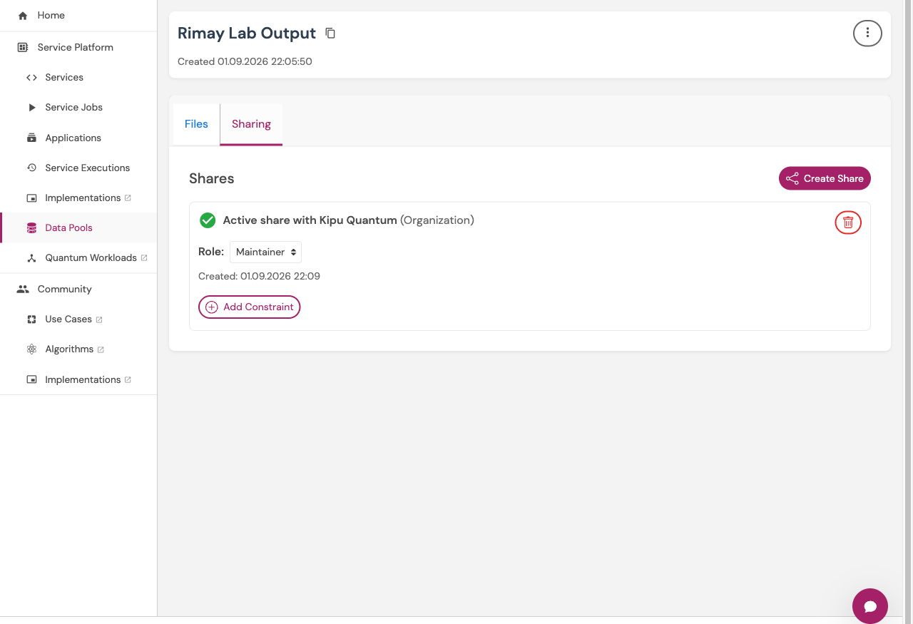 The Sharing tab of a data pool on the Hub dashboard, showing an active share with the Kipu Quantum organization at role Maintainer, with a Create Share button and the option to add constraints.