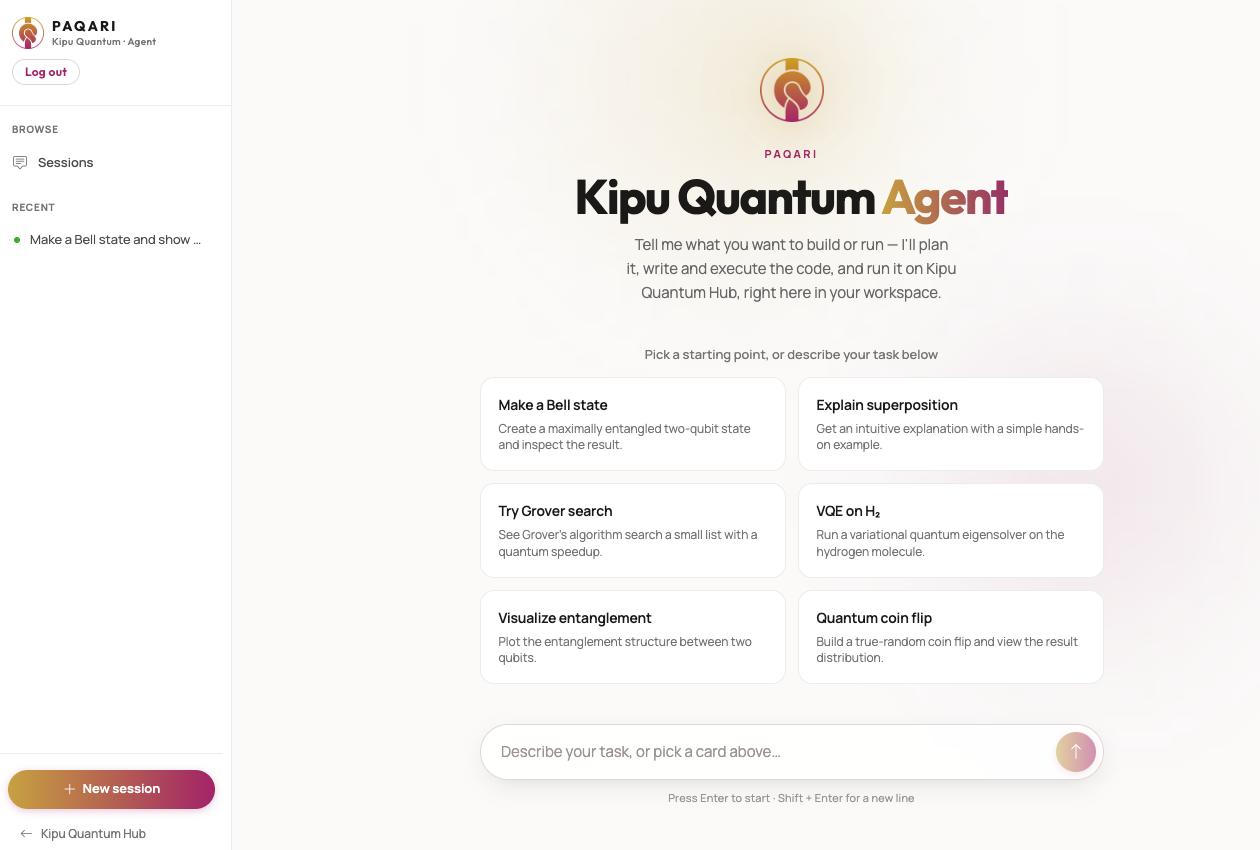 The Paqari agent workspace on the Kipu Quantum Hub, ready to plan, write and run a quantum task.